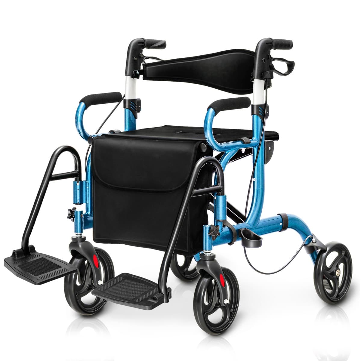CostwayDéambulateur Pliable 2 en 1 avec Dossier Réversible Rollator Médical en Aluminium avec Roues Poignées Réglables Repose-pieds Bleu