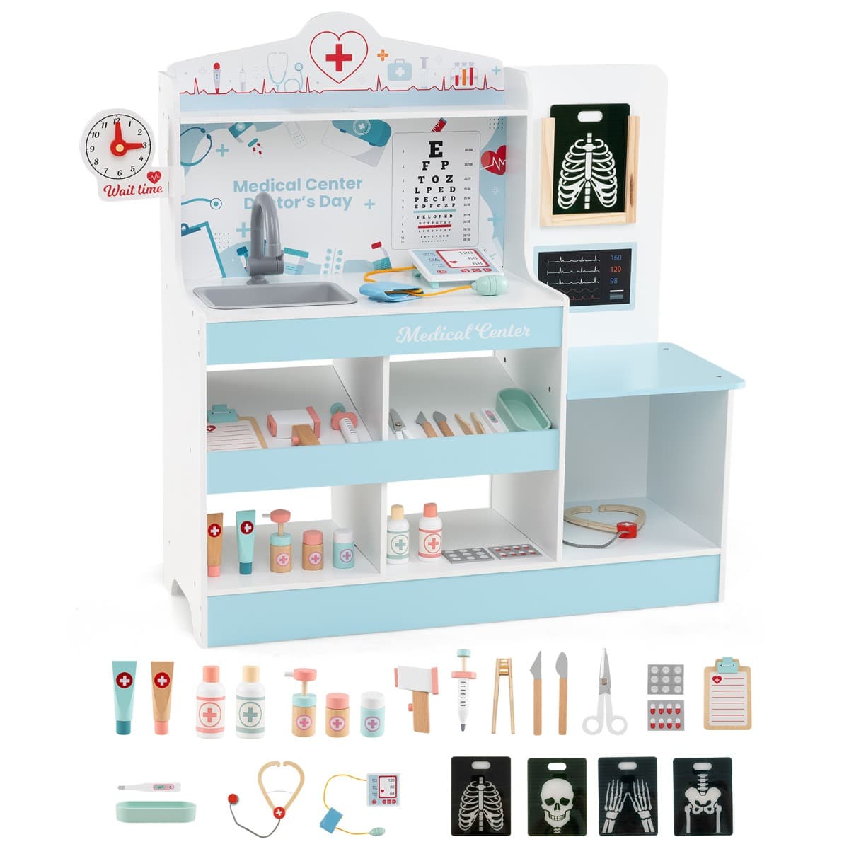 CostwayCoffret de Jeu de Médecin en Bois Centre Médical Moniteur ECG Zone d'Examen et 24 Accessoires pour Enfants de 3+ Ans Bleu