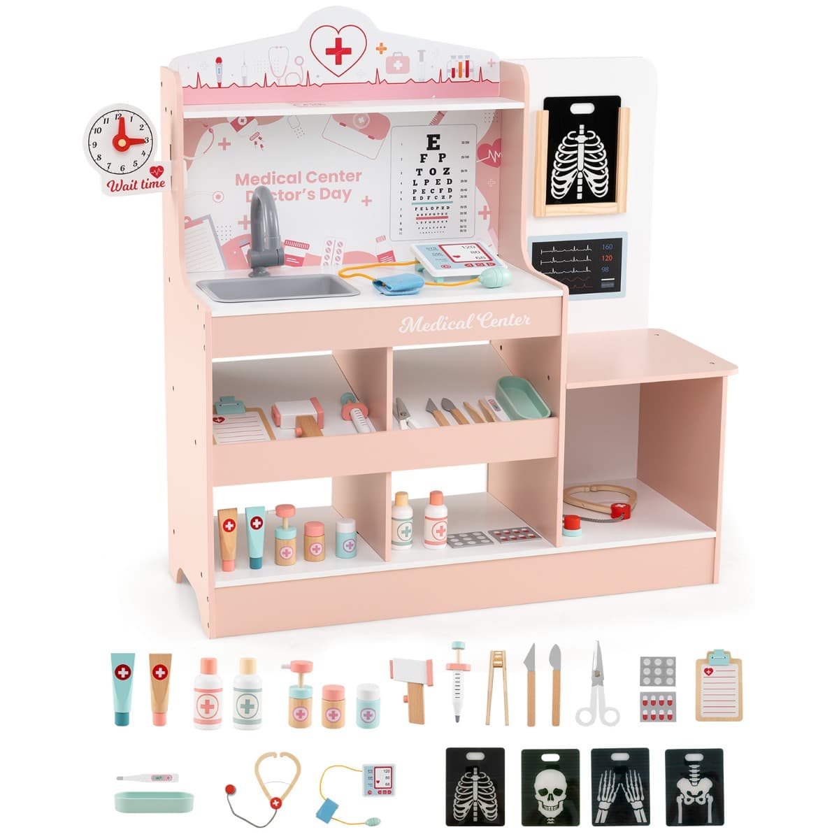 CostwayCoffret de Jeu de Médecin en Bois Centre Médical Moniteur ECG Zone d'Examen et 24 Accessoires pour Enfants de 3+ Ans Rose