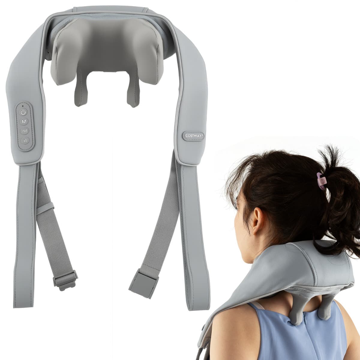 CostwayMasseur pour Le Cou et Les Épaules Appareil de Massage Shiatsu 4D Profond avec 2 Niveaux de Chauffage Oreiller de Massage Sans Fil Gris