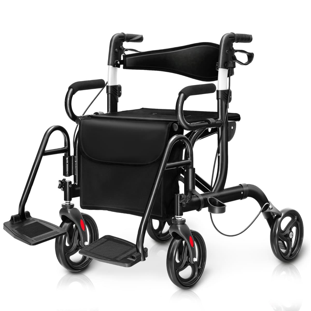 CostwayDéambulateur Pliable 2 en 1 avec Dossier Réversible Rollator Médical en Aluminium avec Roues Poignées Réglables Repose-pieds Noir